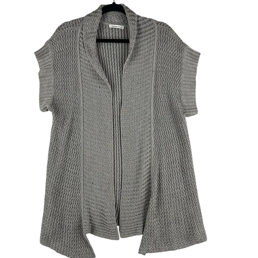 Coldwater Creek Womens Open Front Cardigan SZ L Gray Linen Blend Cap Sleeve